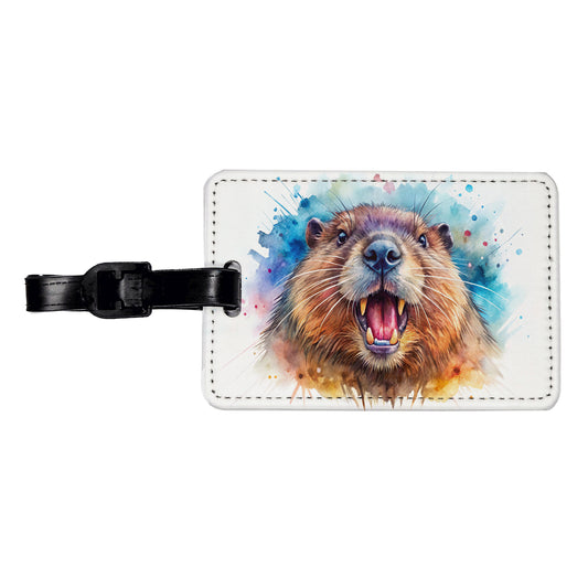 Angry Beaver Watercolor Travel Faux Leather Luggage Tag