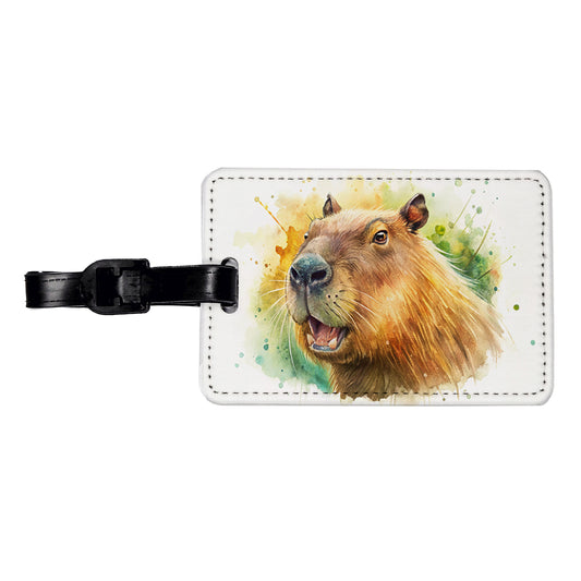 Angry Capybara Watercolor Travel Faux Leather Luggage Tag