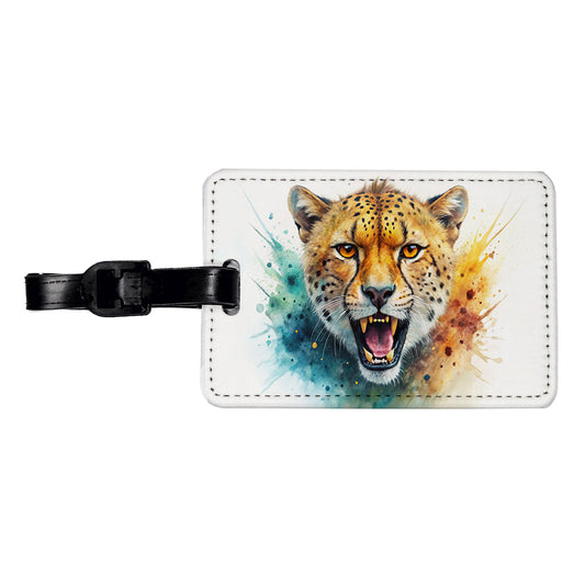 Angry Cheetah Watercolor Travel Faux Leather Luggage Tag