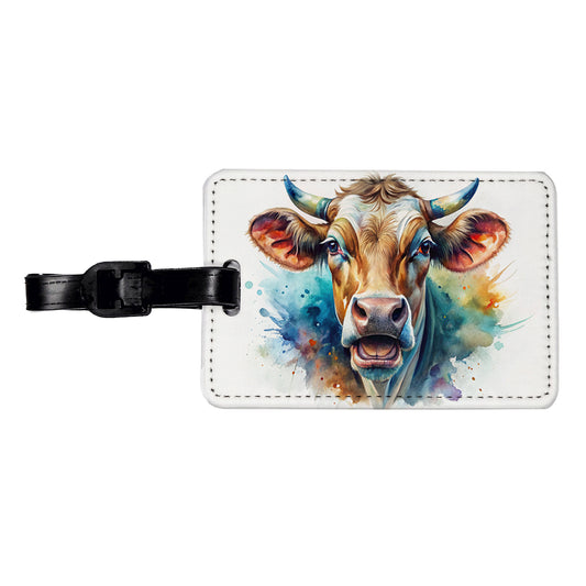 Angry Cow Watercolor Travel Faux Leather Luggage Tag