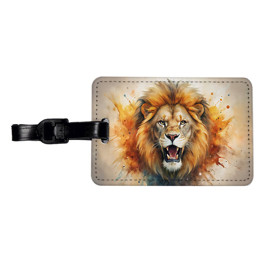 Angry Male Lion Watercolor Travel Faux Leather Luggage Tag