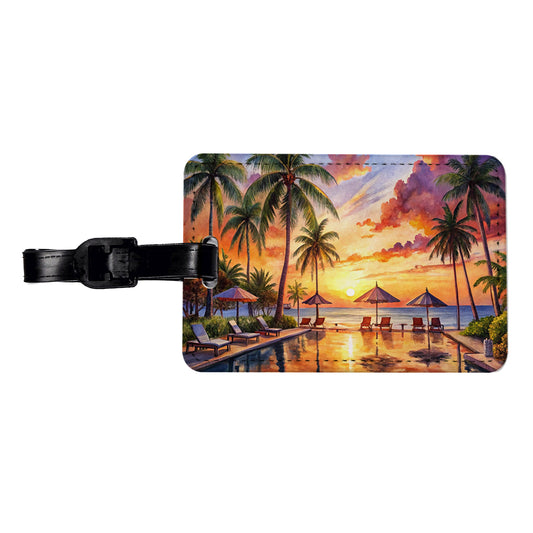 Beach Resort At Sunset Sunrise Tropical Watercolor Travel Faux Leather Luggage Tag