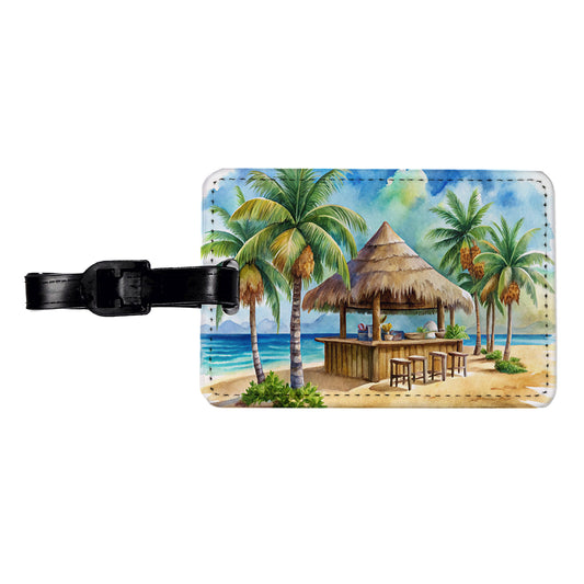 Beach Resort Tropical Scene With Tiki Bar Travel Faux Leather Luggage Tag