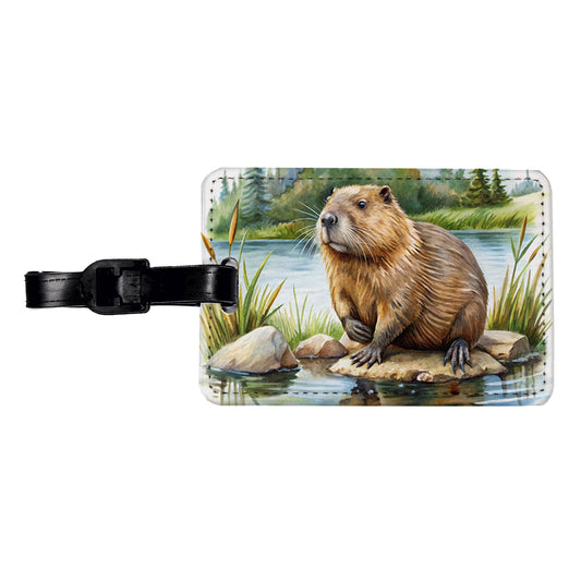 Beaver in the Pond Dam Watercolor Travel Faux Leather Luggage Tag