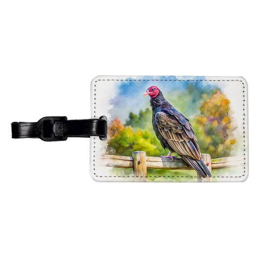 Black Turkey Vulture Sitting On Fence Watercolor Travel Faux Leather Luggage Tag