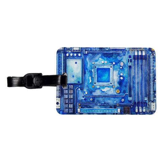 Blue Computer Motherboard Watercolor Travel Faux Leather Luggage Tag