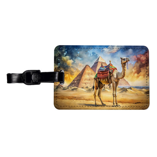 Camel With Pyramids In Background Watercolor Travel Faux Leather Luggage Tag