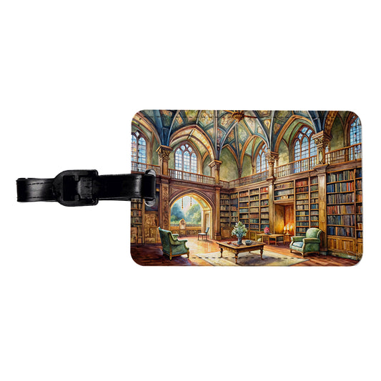 Castle Library Books Reading Watercolor Travel Faux Leather Luggage Tag