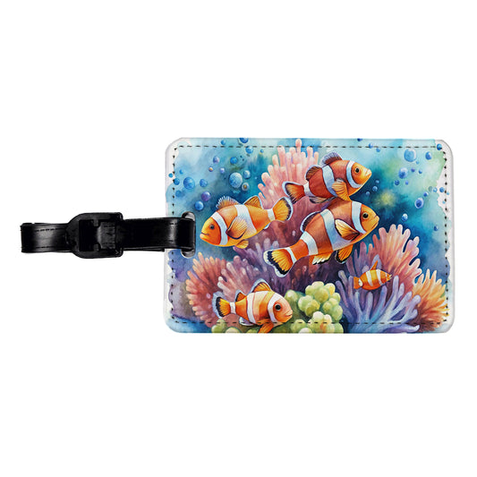 Clown Fish Swimming Around Coral Watercolor Travel Faux Leather Luggage Tag