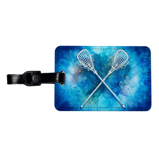 Crossed Lacrosse Sticks On Blue Background Travel Faux Leather Luggage Tag