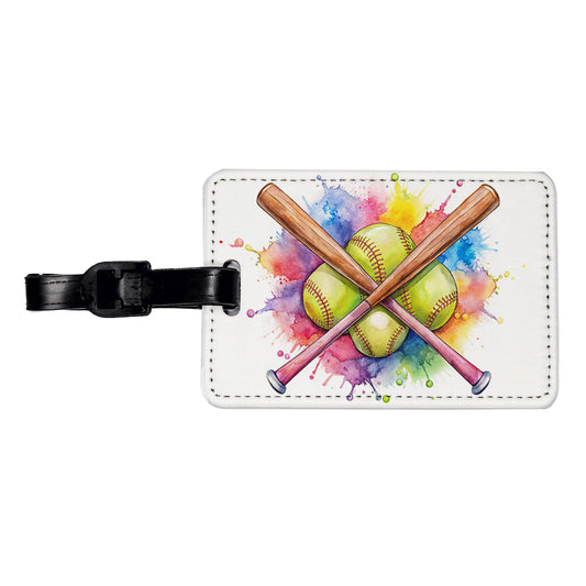 Crossed Softball Bats And Balls Watercolor Travel Faux Leather Luggage Tag