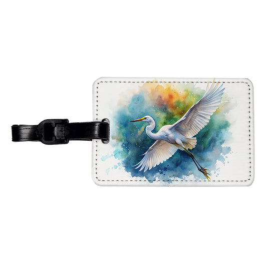 Egret In Flight Watercolor Travel Faux Leather Luggage Tag