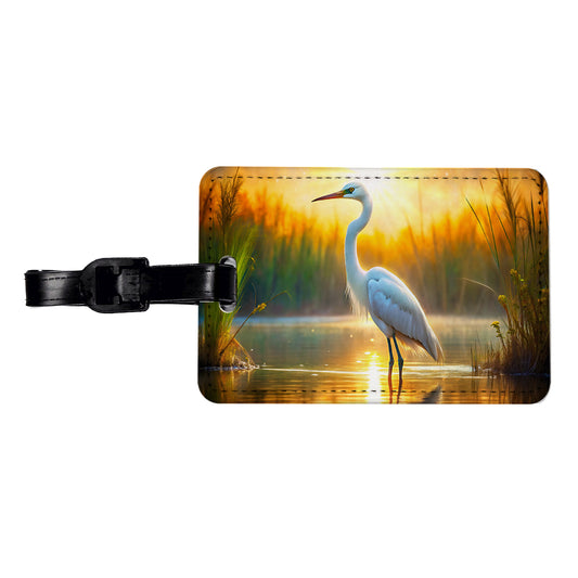 Egret Standing In Pond Backlit By The Sun Watercolor Travel Faux Leather Luggage Tag