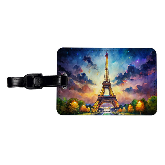 Eiffel Tower At Night Watercolor Travel Faux Leather Luggage Tag
