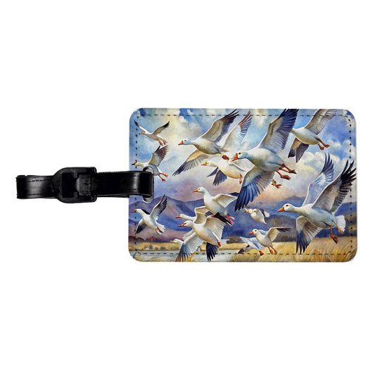 Flock Of Snow Geese In Flight Watercolor Travel Faux Leather Luggage Tag