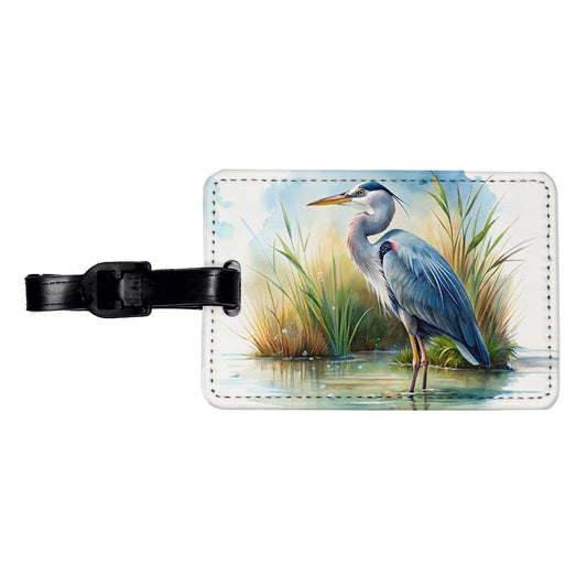 Great Blue Heron Standing In Marsh Pond Watercolor Travel Faux Leather Luggage Tag