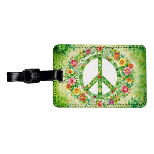 Green Peace Symbol Hippie Floral Watercolor Travel Faux Leather Luggage Tag