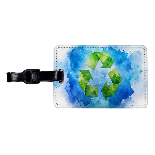 Green Recycle Symbol On A Blue Background Watercolor Travel Faux Leather Luggage Tag