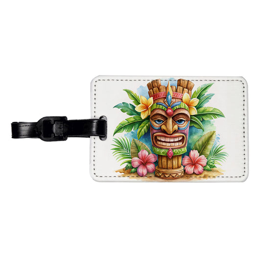 Hawaiian Tiki Statue Watercolor Travel Faux Leather Luggage Tag