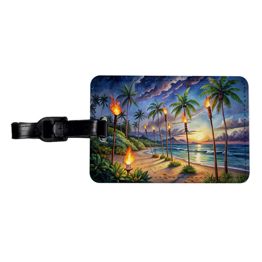 Hawaiian Tropical Beach Scene At Night Lit With Tiki Torches Travel Faux Leather Luggage Tag