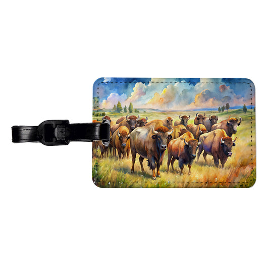 Herd Of Buffalo Bison On The Prairie Watercolor Travel Faux Leather Luggage Tag