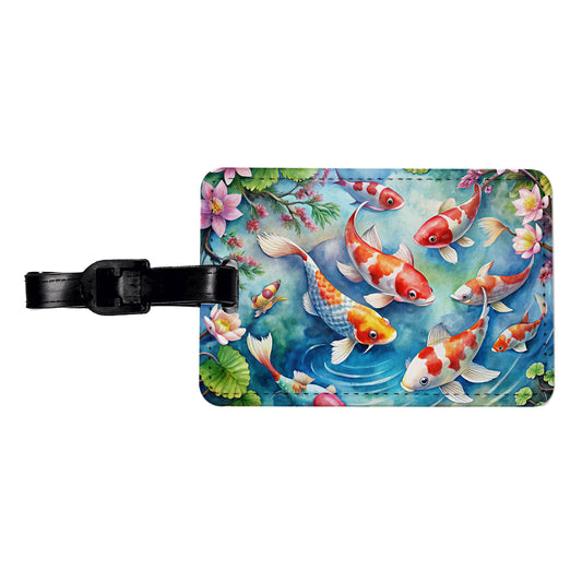 Japanese Koi Pond Scene Watercolor Travel Faux Leather Luggage Tag