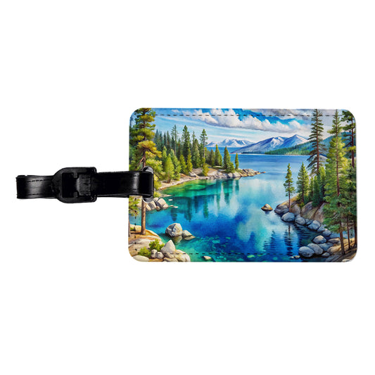 Lake Tahoe California Watercolor Travel Faux Leather Luggage Tag