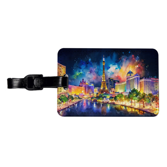 Las Vegas Strip At Night Watercolor Travel Faux Leather Luggage Tag