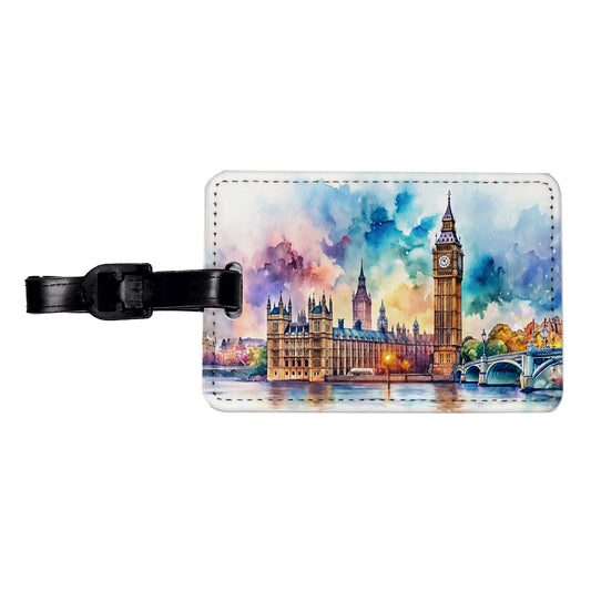 London Big Ben Scene Watercolor Travel Faux Leather Luggage Tag