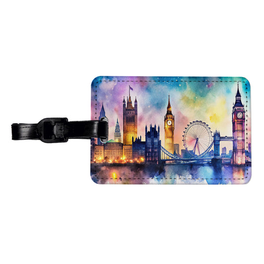 London Skyline At Night Scene Watercolor Travel Faux Leather Luggage Tag
