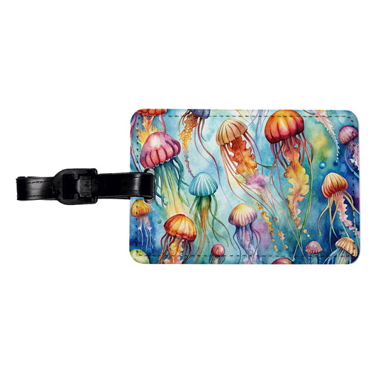 Lots Of Jellyfish Underwater Watercolor Travel Faux Leather Luggage Tag
