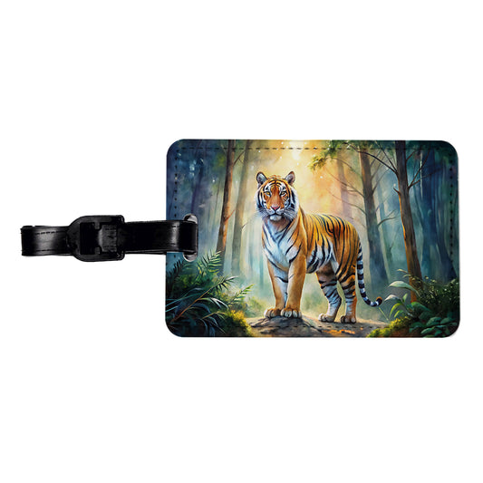 Majestic Tiger Standing In Forest Watercolor Travel Faux Leather Luggage Tag