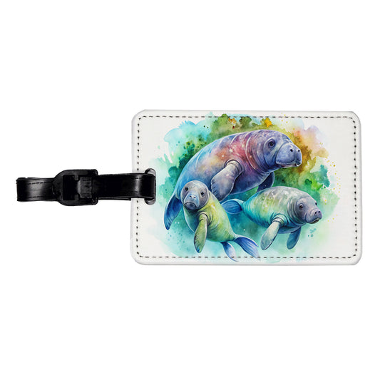Manatees Family Watercolor Travel Faux Leather Luggage Tag