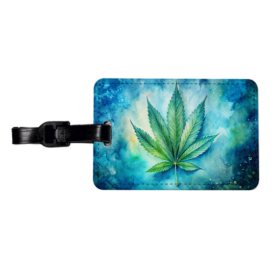 Marijuana Leaf on Blue Background Watercolor Travel Faux Leather Luggage Tag