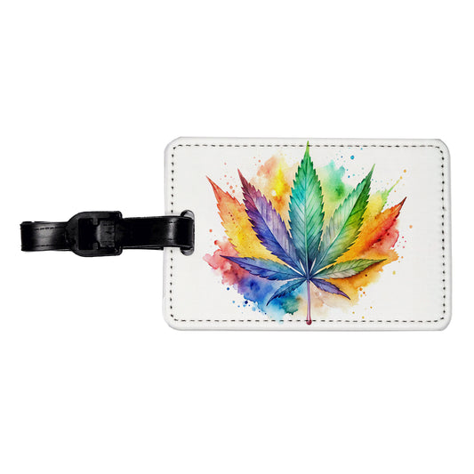 Marijuana Leaf Rainbow Watercolor Travel Faux Leather Luggage Tag