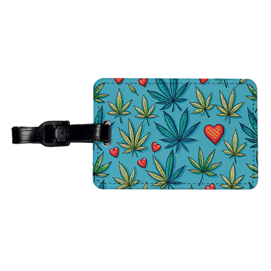 Marijuana Leaves And Hearts Blue Background Travel Faux Leather Luggage Tag