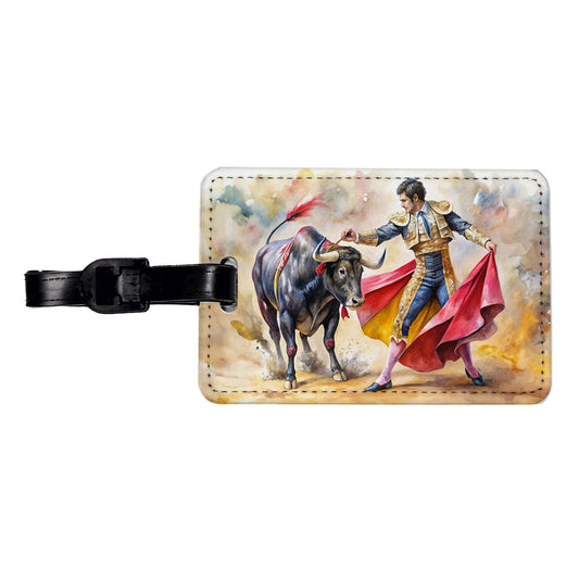 Matador And Bull Fighting In Ring Watercolor Travel Faux Leather Luggage Tag