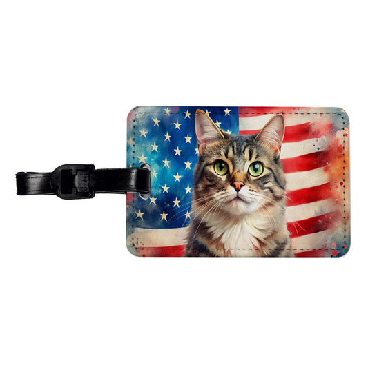 Patriotic Cat Watercolor American Flag Background Travel Faux Leather Luggage Tag