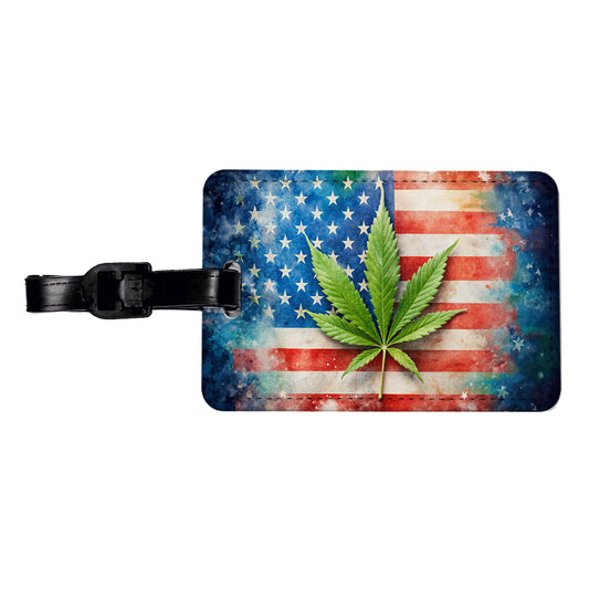 Patriotic Marijuana Leaf on American Flag Background Travel Faux Leather Luggage Tag