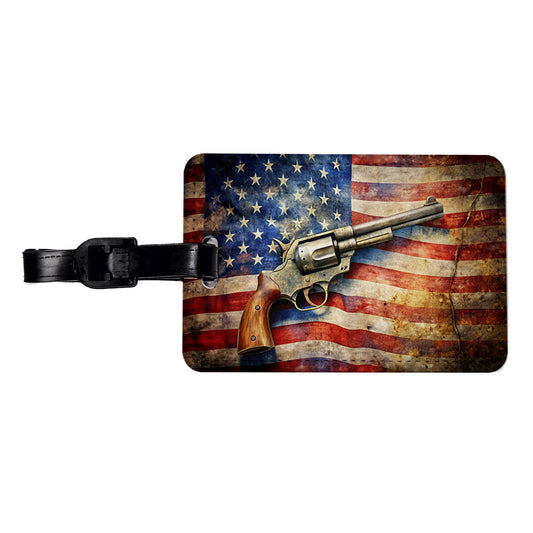 Patriotic Western Revolver With American Flag 2nd Amendment Watercolor Travel Faux Leather Luggage Tag