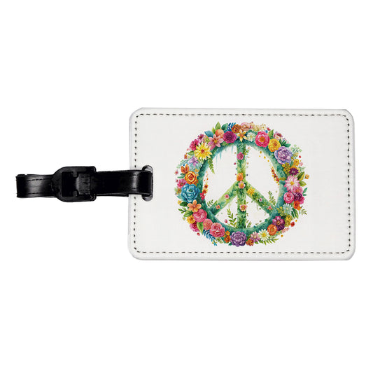Peace Symbol Floral Watercolor Travel Faux Leather Luggage Tag