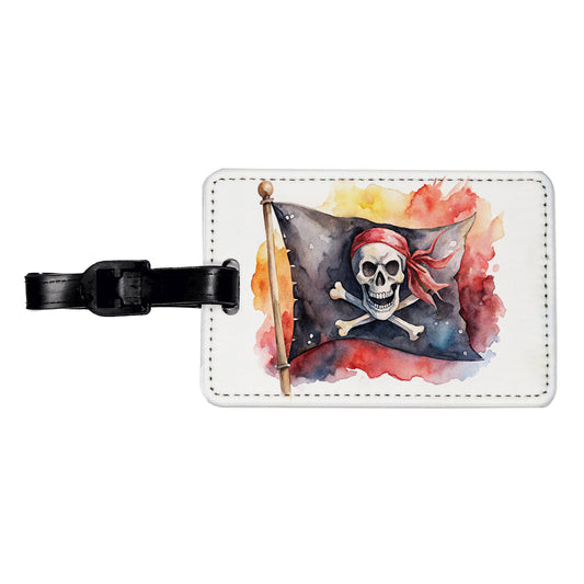 Pirate Jolly Roger Skull Crossbones Flag Watercolor Travel Faux Leather Luggage Tag