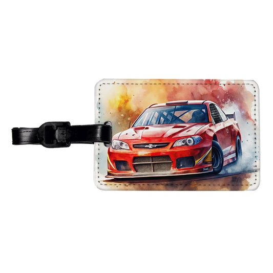 Red Stock Racing Car Watercolor Travel Faux Leather Luggage Tag
