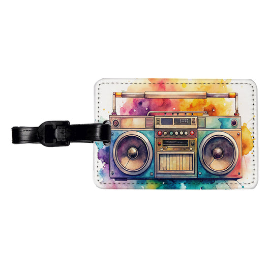 Retro Boom Box Radio Cassette Player Watercolor Travel Faux Leather Luggage Tag