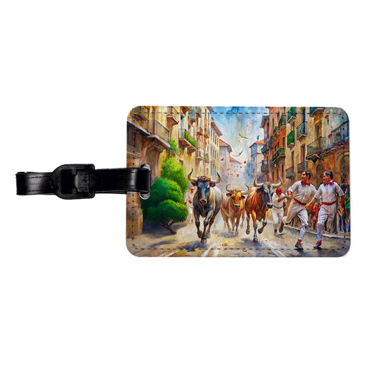 Running of the Bulls in Spain Travel Faux Leather Luggage Tag