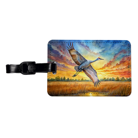 Sandhill Crane In Flight At Sunset Watercolor Travel Faux Leather Luggage Tag
