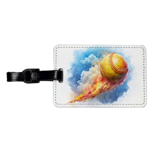 Softball Rocketing Through The Sky Watercolor Travel Faux Leather Luggage Tag