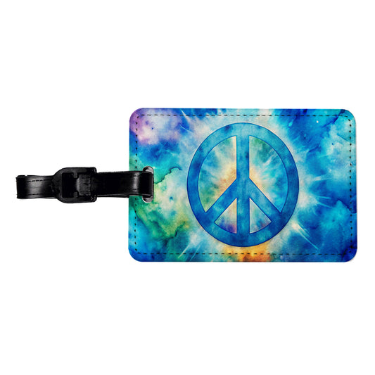 Solid Blue Peace Symbol Tie Dye Background Hippie Watercolor Travel Faux Leather Luggage Tag