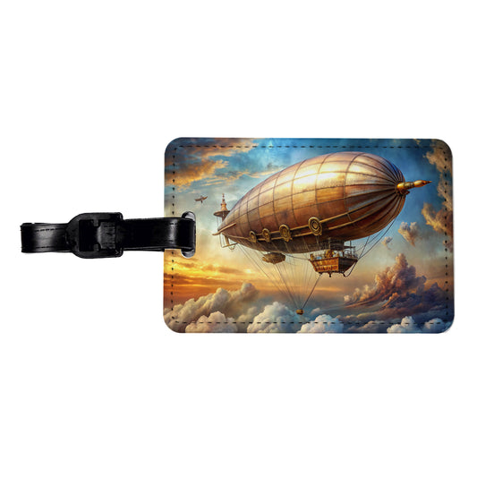 Steampunk Airship Dirigible Flying in Cloudy Sky Fantasy Sci-fi Travel Faux Leather Luggage Tag