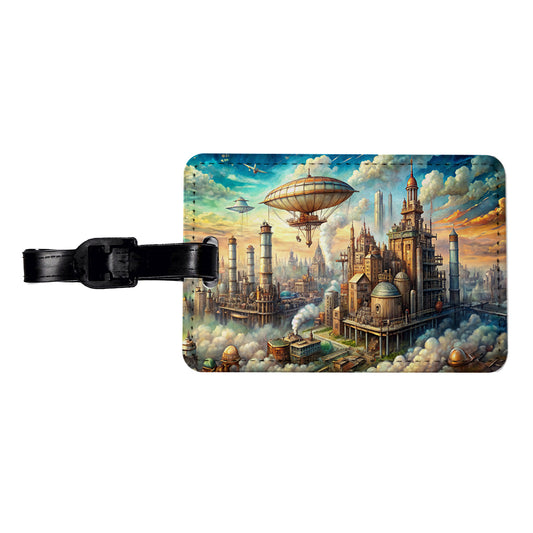 Steampunk City and Airship Fantasy Sci-fi Scene Travel Faux Leather Luggage Tag
